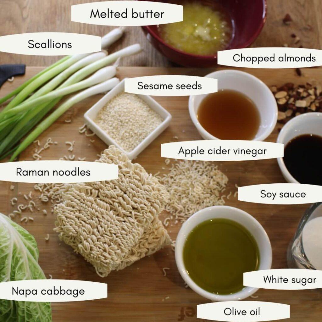 Organized ingredients mise en place for Napa Cabbage Salad recipe