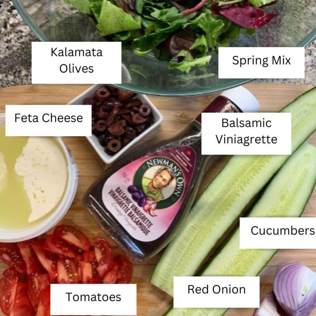 Labelled ingredients for Greek Salad